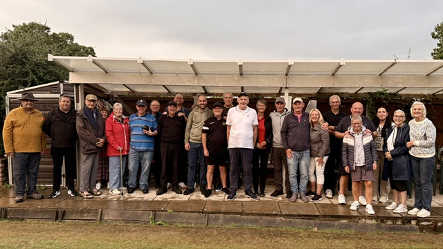 Derek Ainsworth with bowlers, volunteers and supporters at the Cornerstone Library bowls marathon