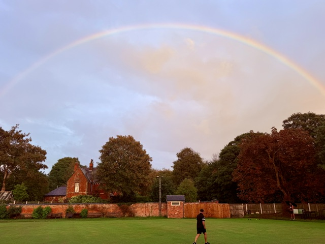 Rainbow over Hesketh Arms bowling green after the rain during Derek’s bowls marathon